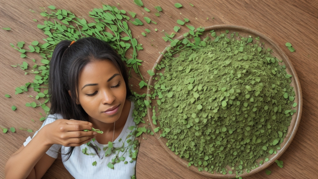 a woman and a round tray of moringa powder