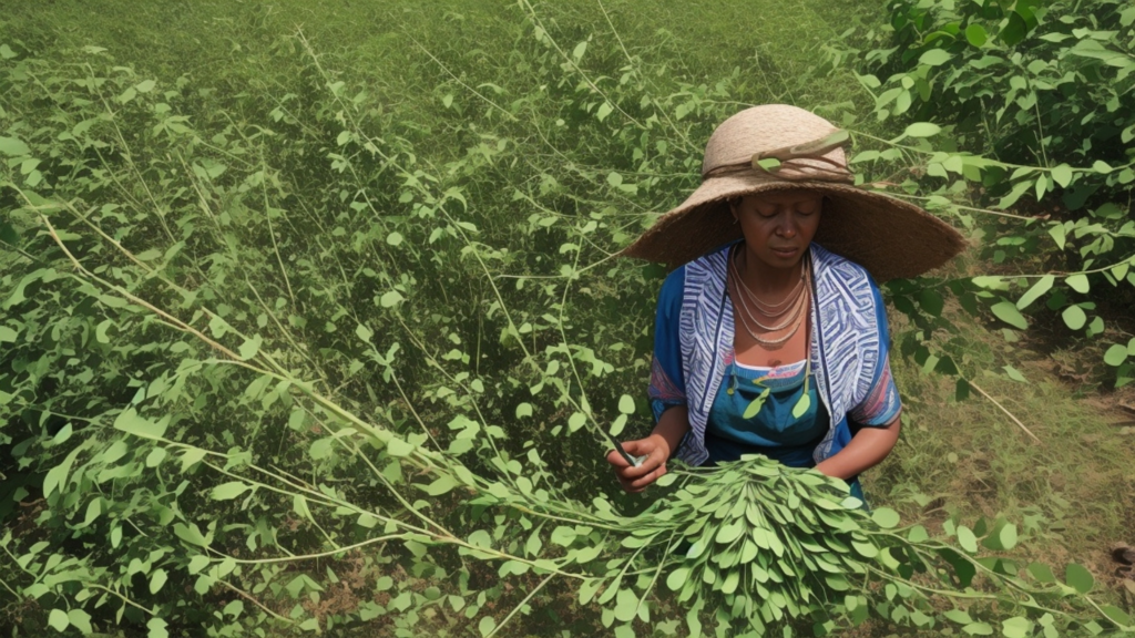 a woman farmer harvesting moringa